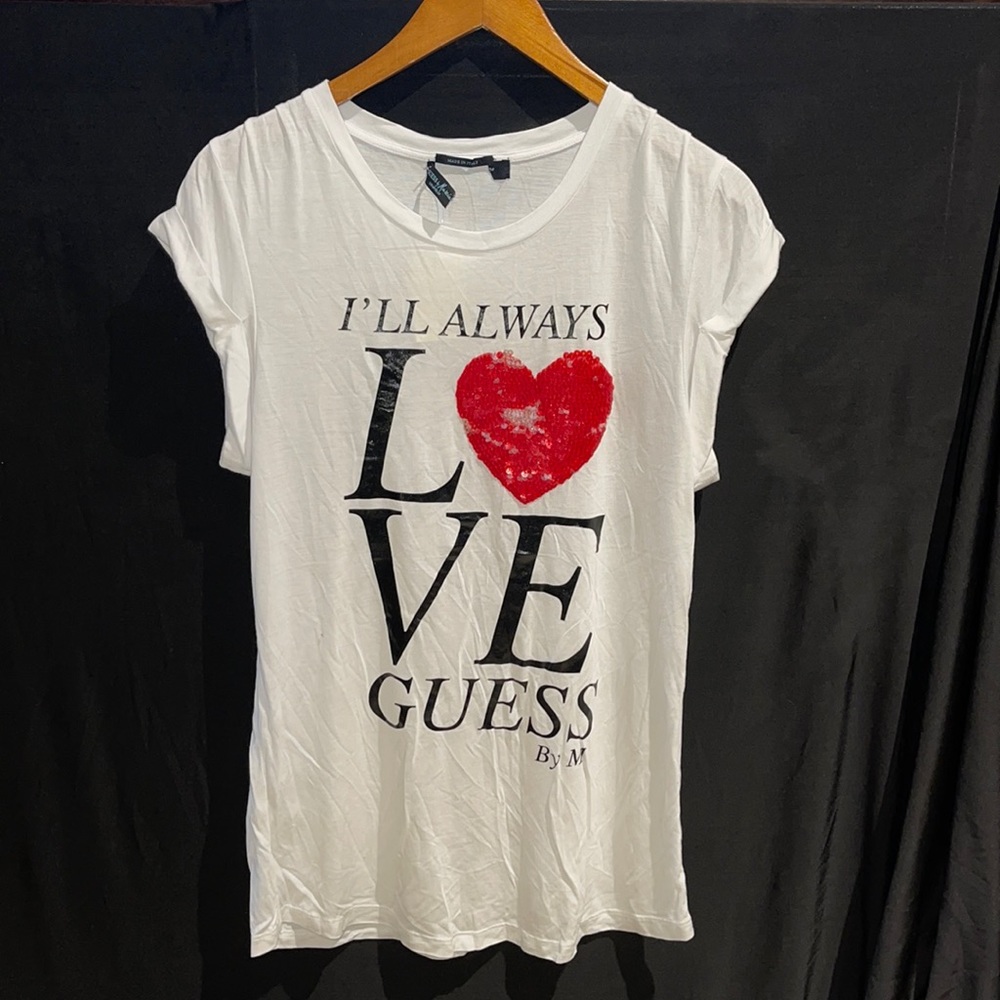 New Guess Marciano Sequin Heart Embellished Tee T-shirt Top S